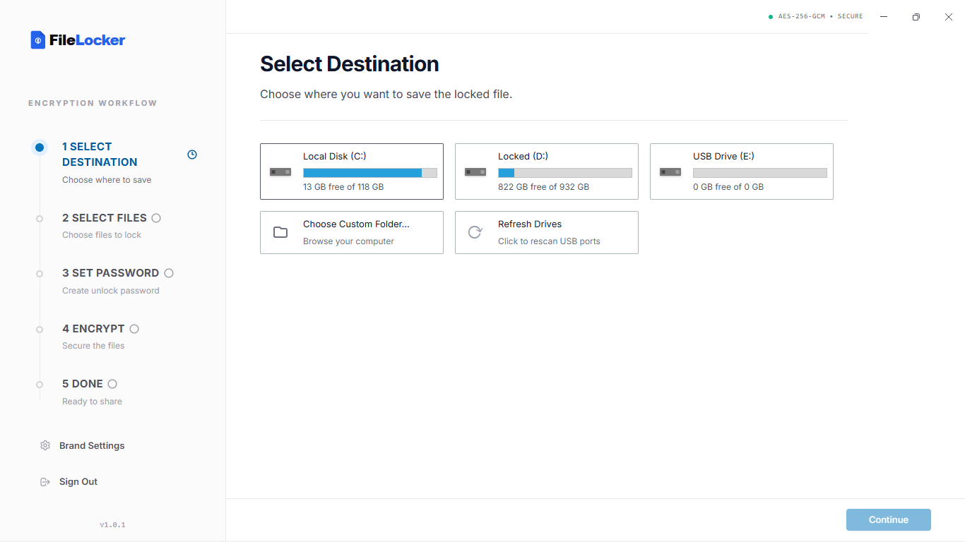 FileLocker demo — Select Destination screen